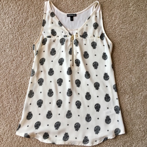 Express Tops - Express White Print Tank with gold zipper detail
